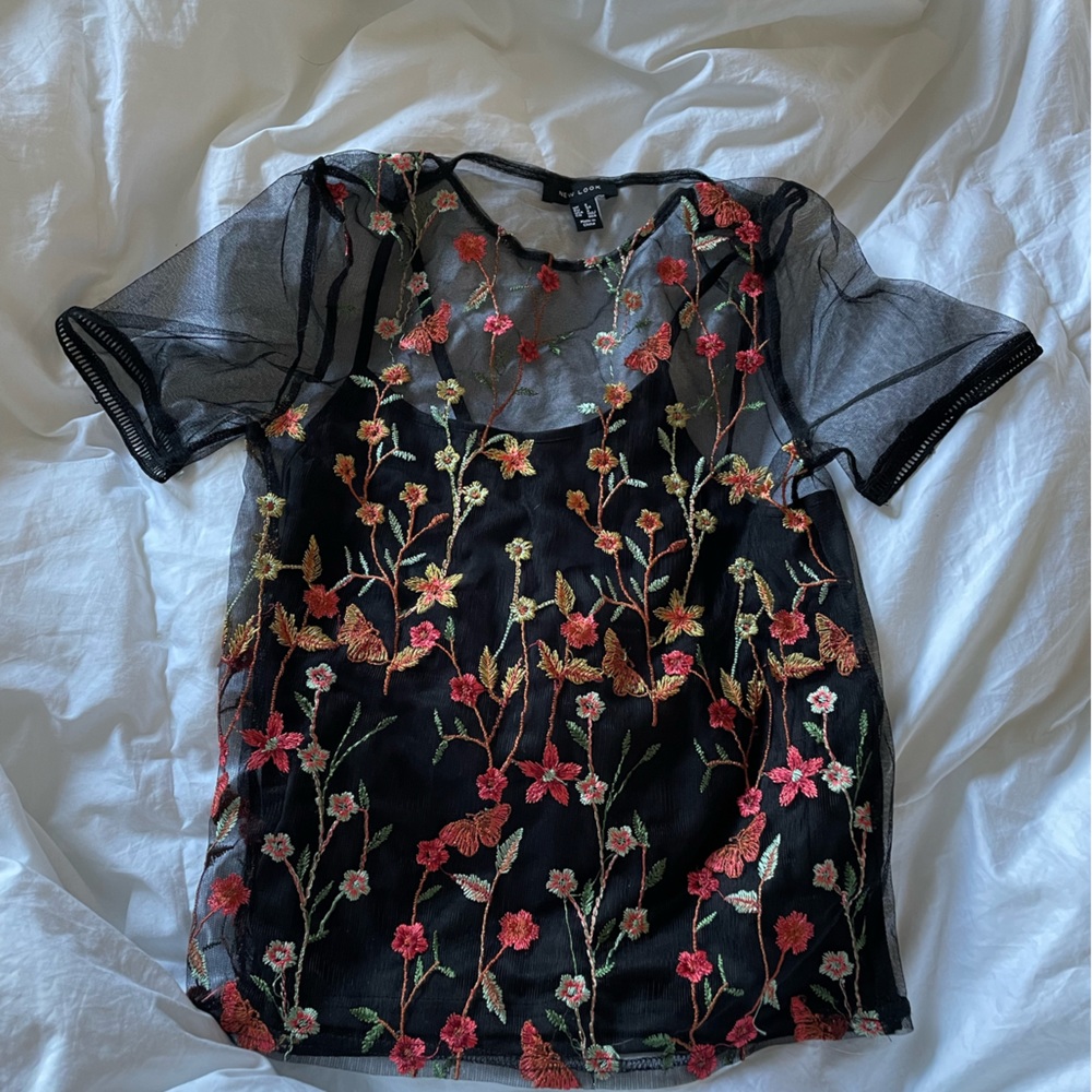 New Look mesh black top with floral stitching design size US 2